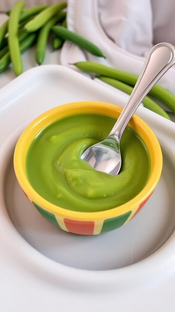 Smooth green bean puree in a bowl, with a tiny spoon ready for a baby, surrounded by fresh green beans.